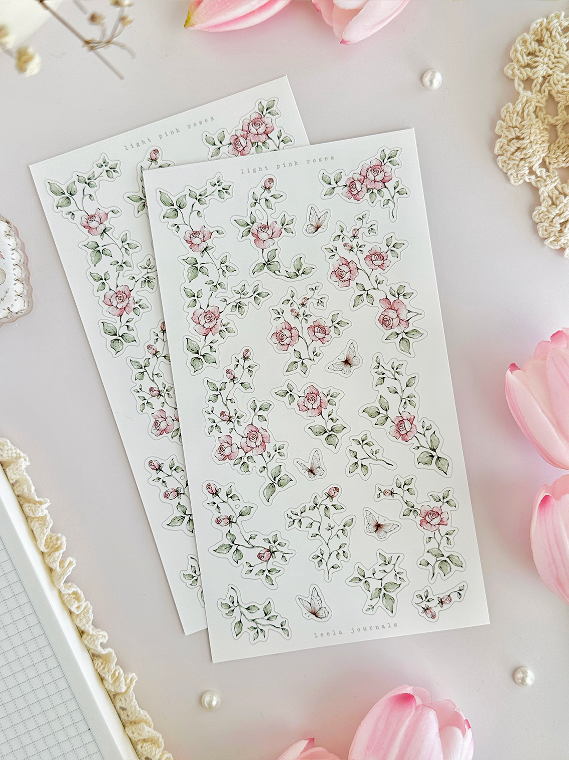 pink & peach roses sticker sheet - 2pc set