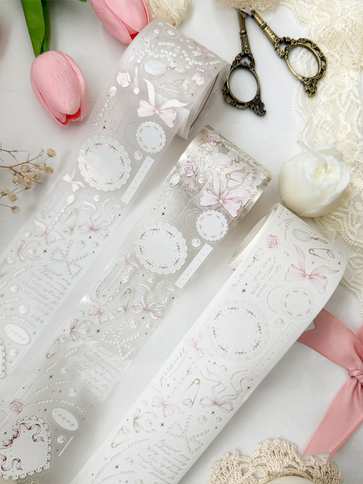 bows & pearls pet & washi tape (pre-cut)
