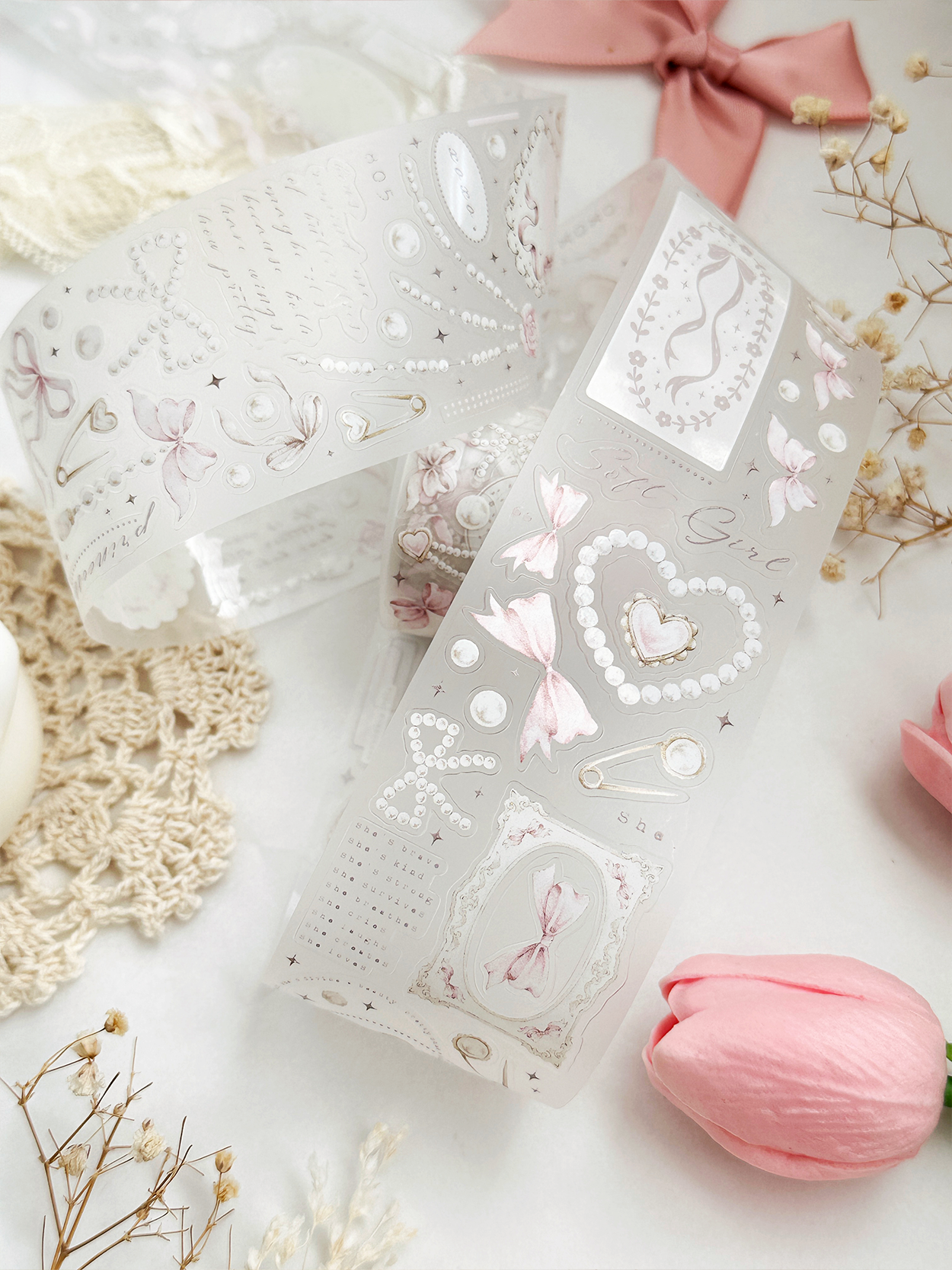 bows & pearls pet & washi tape (pre-cut)