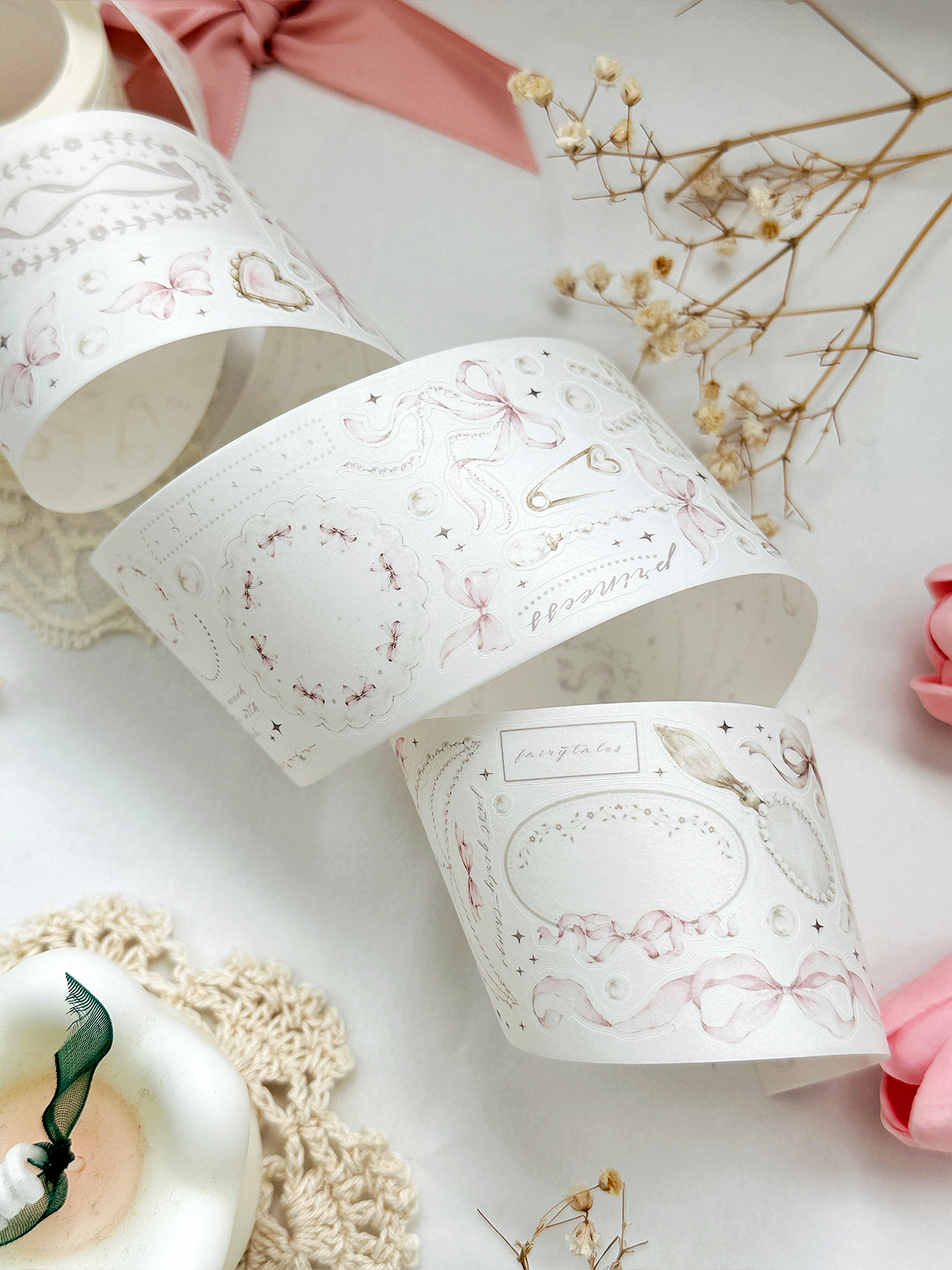 bows & pearls pet & washi tape (pre-cut)