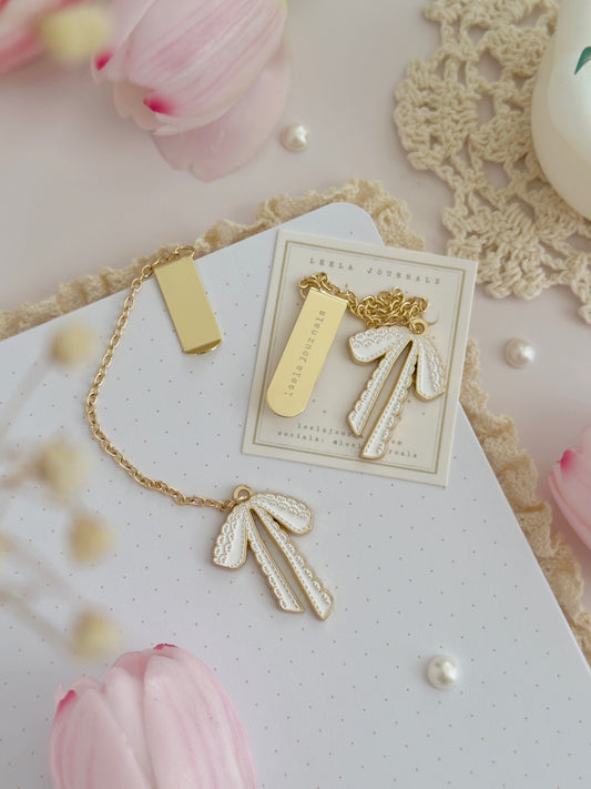 white lace bow enamel bookmark charm