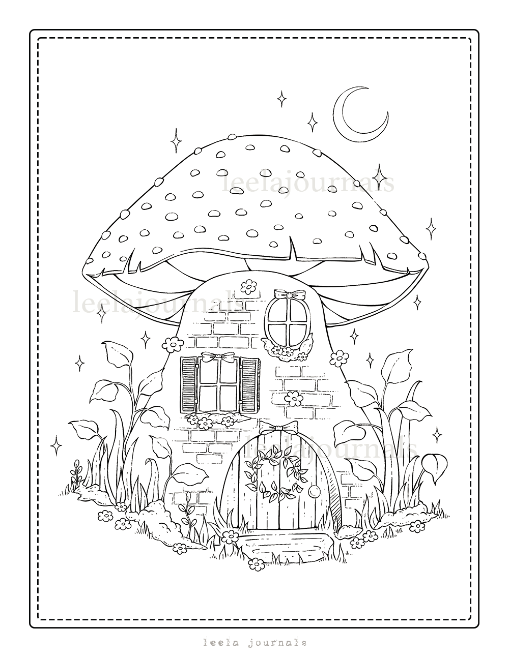 x2 mushroom house coloring page | digital download