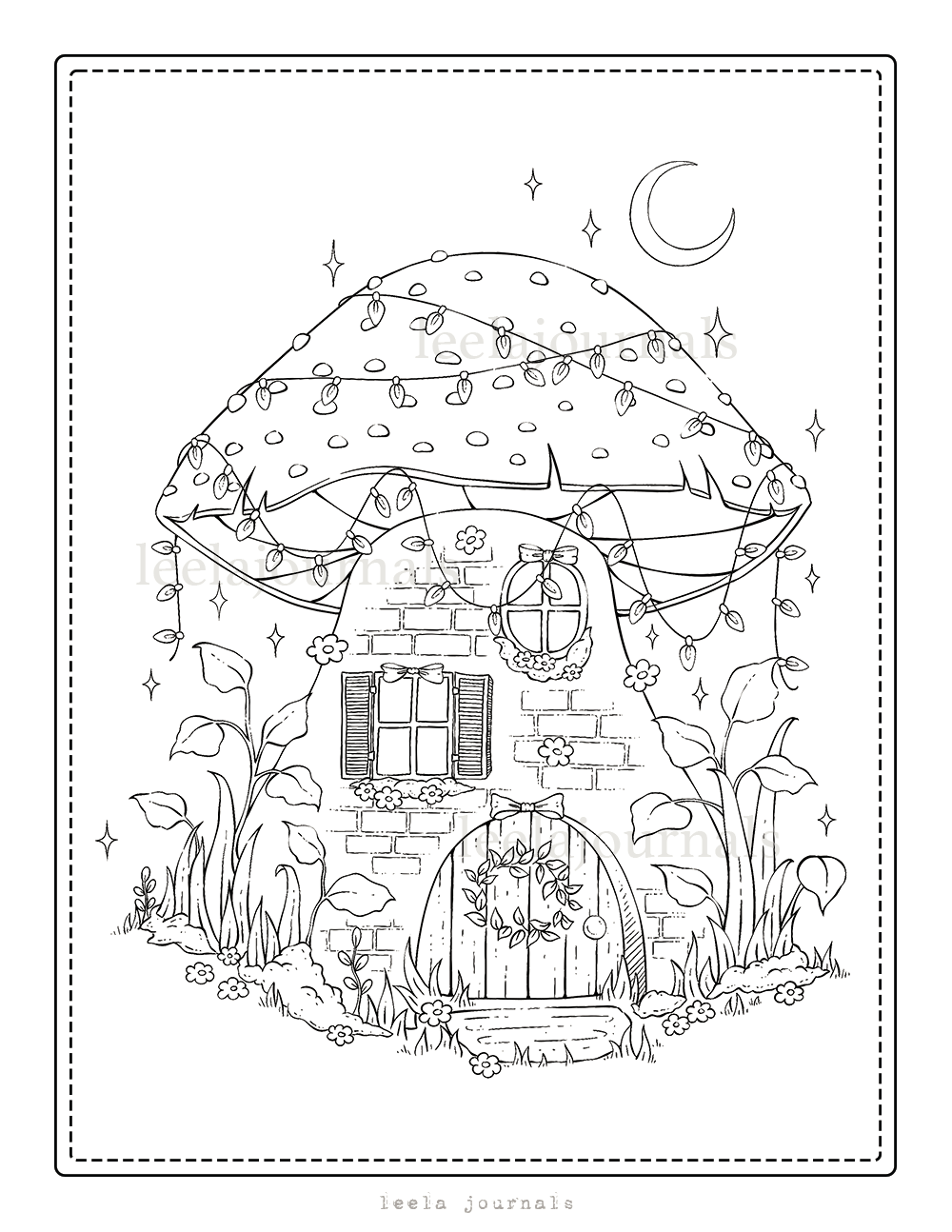 x2 mushroom house coloring page | digital download
