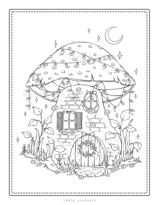 x2 mushroom house coloring page | digital download