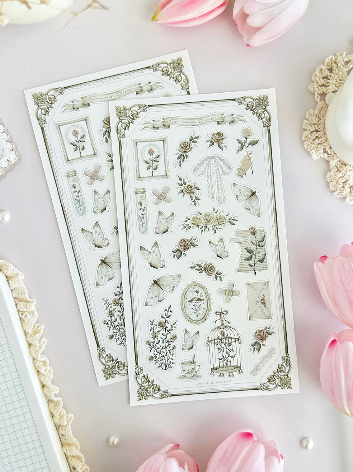 raining roses & letters sticker sheet - 2pc set