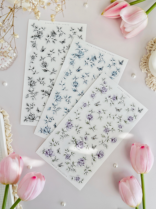 blue, lilac, monochrome roses sticker sheet - 3pc set