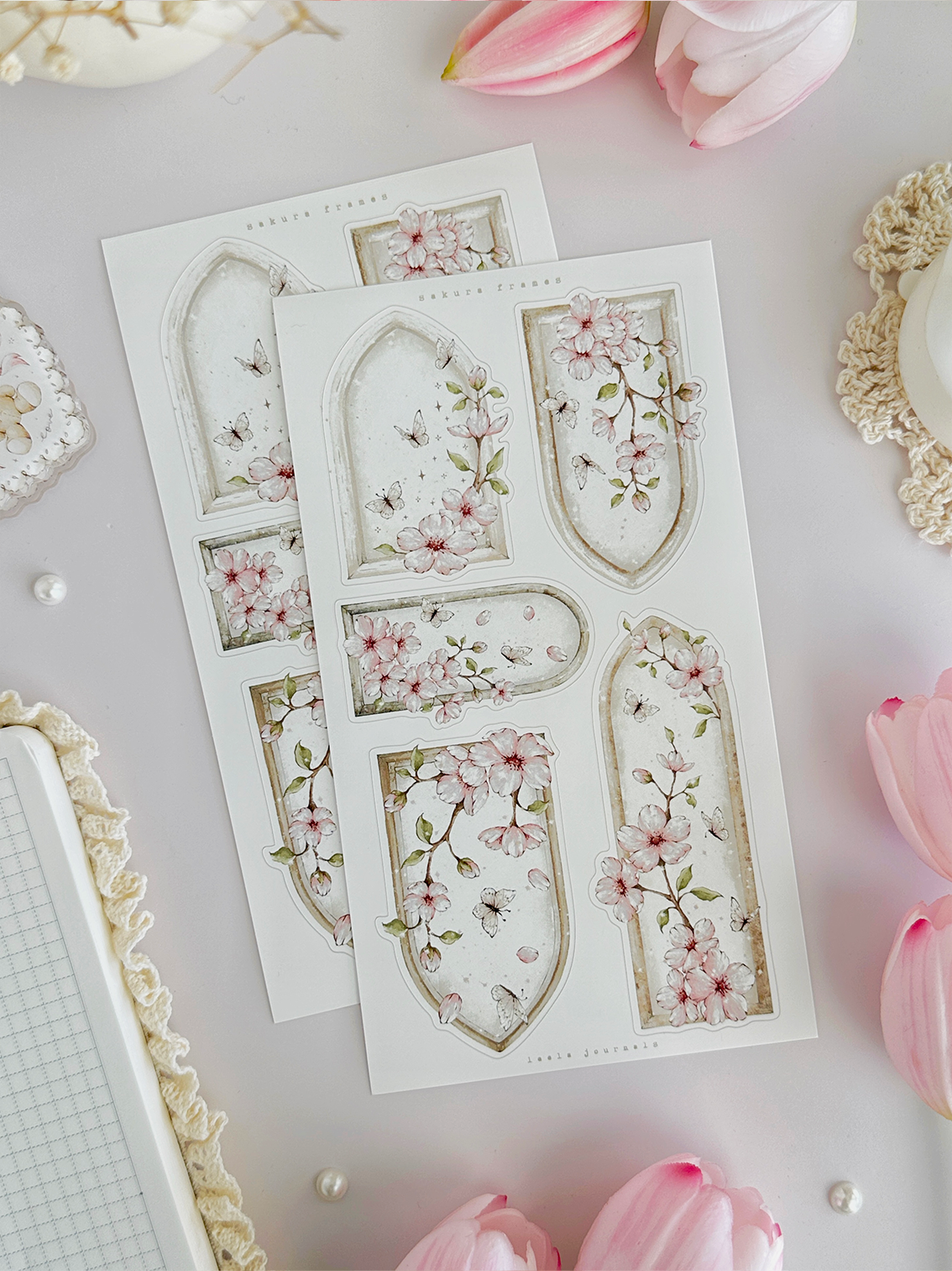 sakura florals, frames & labels sticker sheet - 3pc set