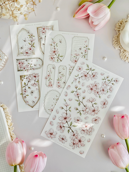 sakura florals, frames & labels sticker sheet - 3pc set