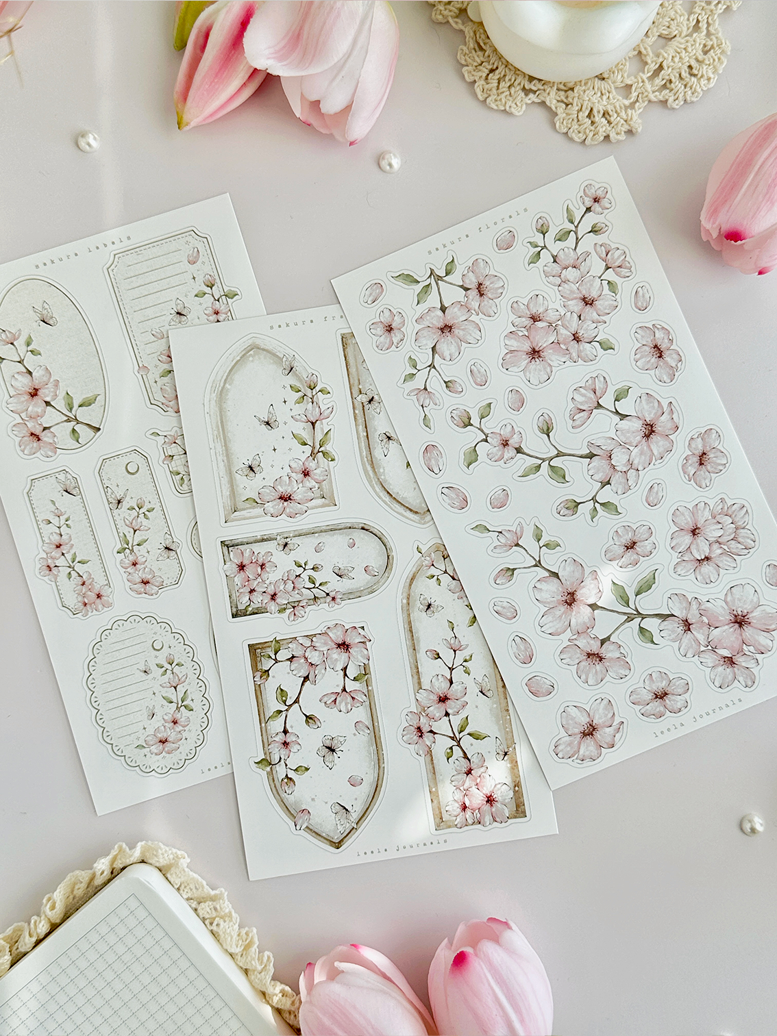 sakura florals, frames & labels sticker sheet - 3pc set