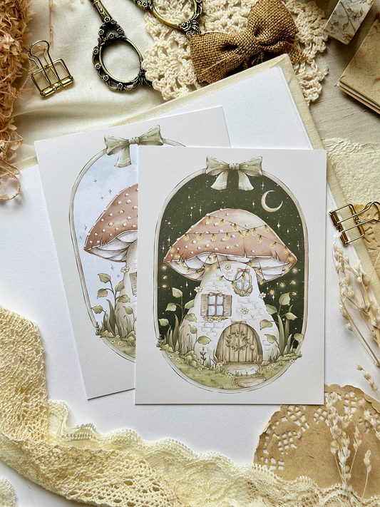 mushroom night & day art print 4x5.5