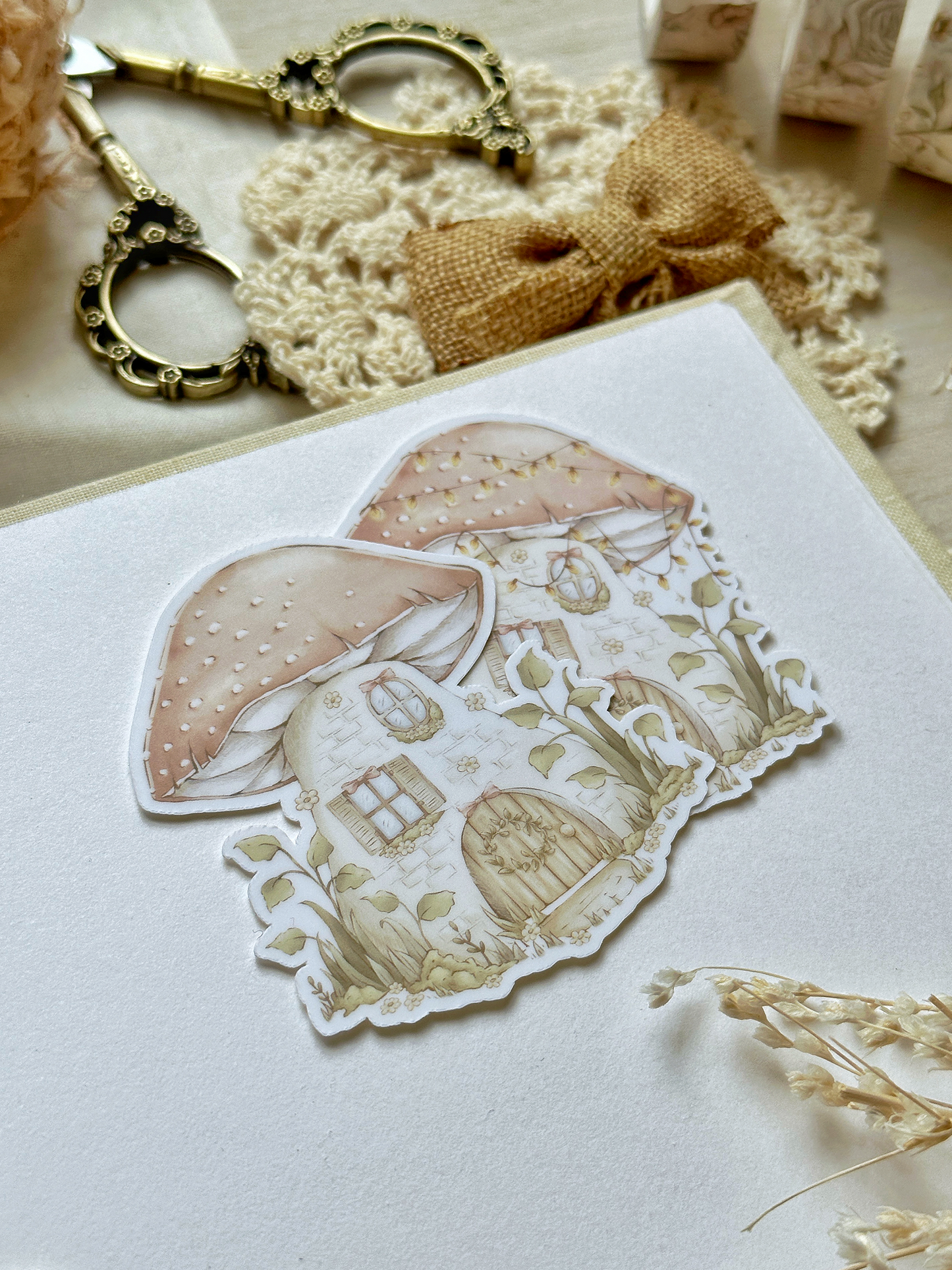 mushroom house & lights sticker flake 2.5x2.75