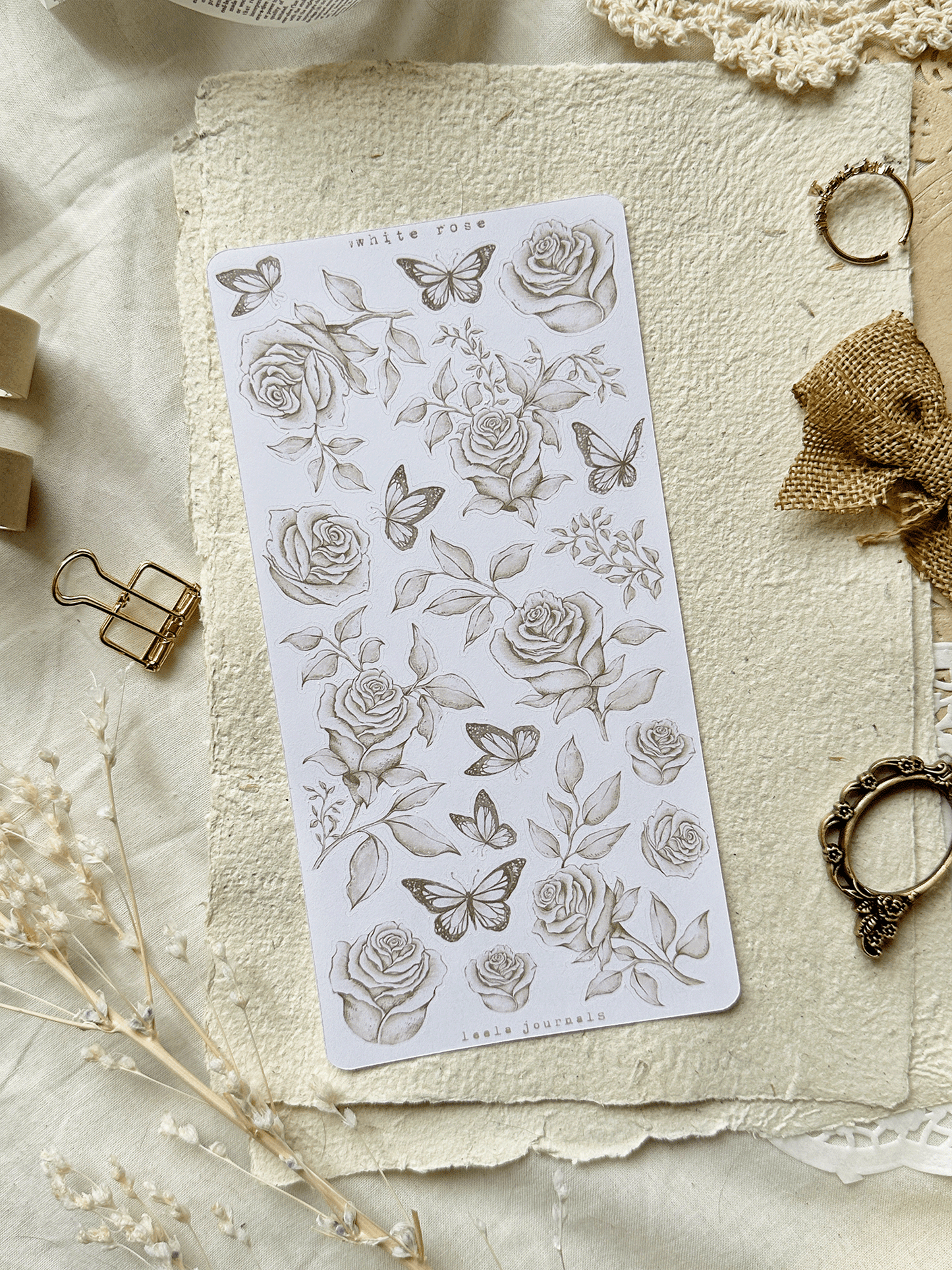 white rose & butterfly cutouts sticker sheet