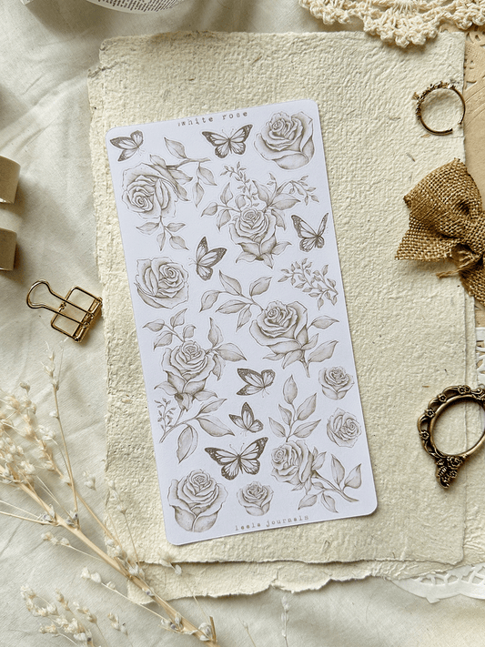 white rose & butterfly sticker sheet - 1pc