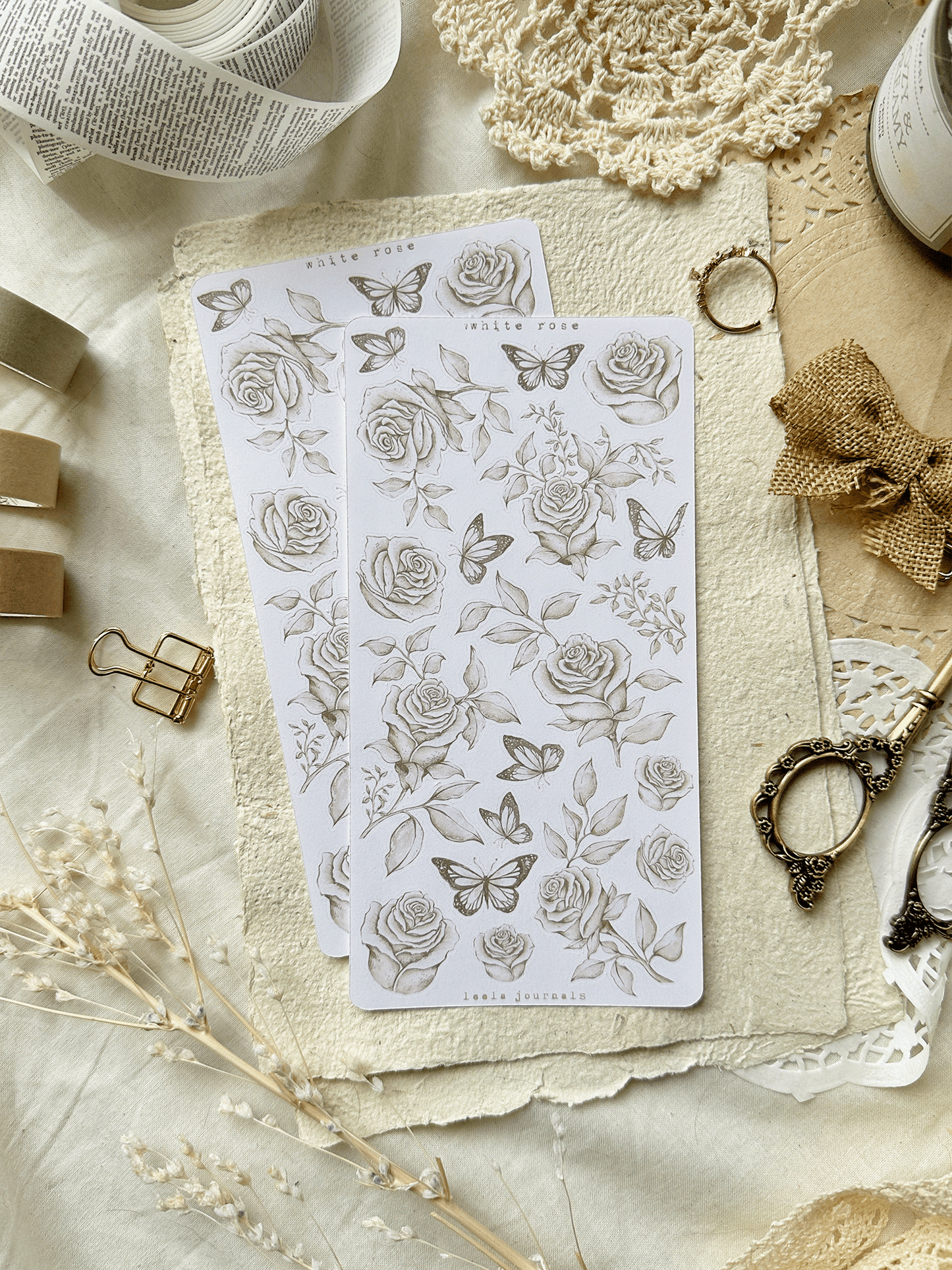 white rose & butterfly cutouts sticker sheet