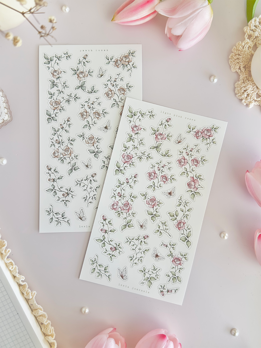pink & peach roses sticker sheet - 2pc set