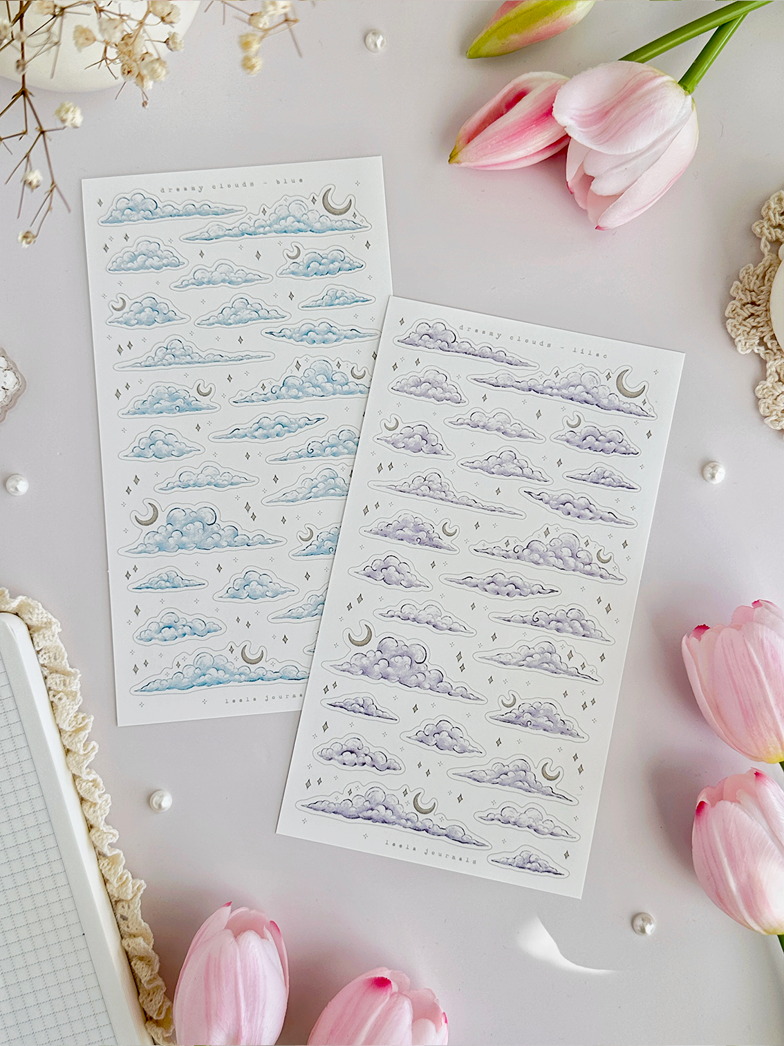 dreamy clouds sticker sheet (blue & lilac) 2pc set