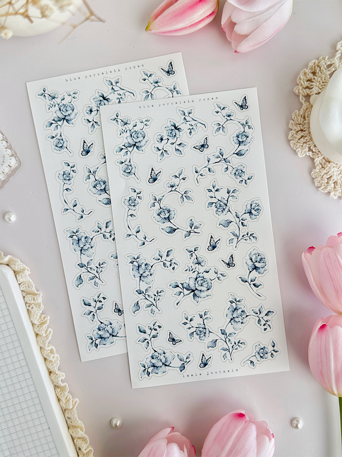 blue, lilac, monochrome roses sticker sheet - 3pc set
