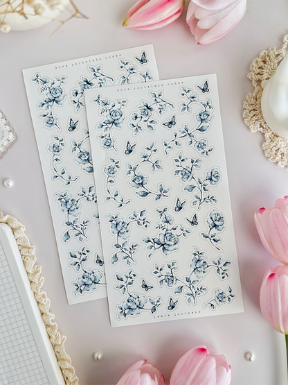 blue, lilac, monochrome roses sticker sheet - 3pc set
