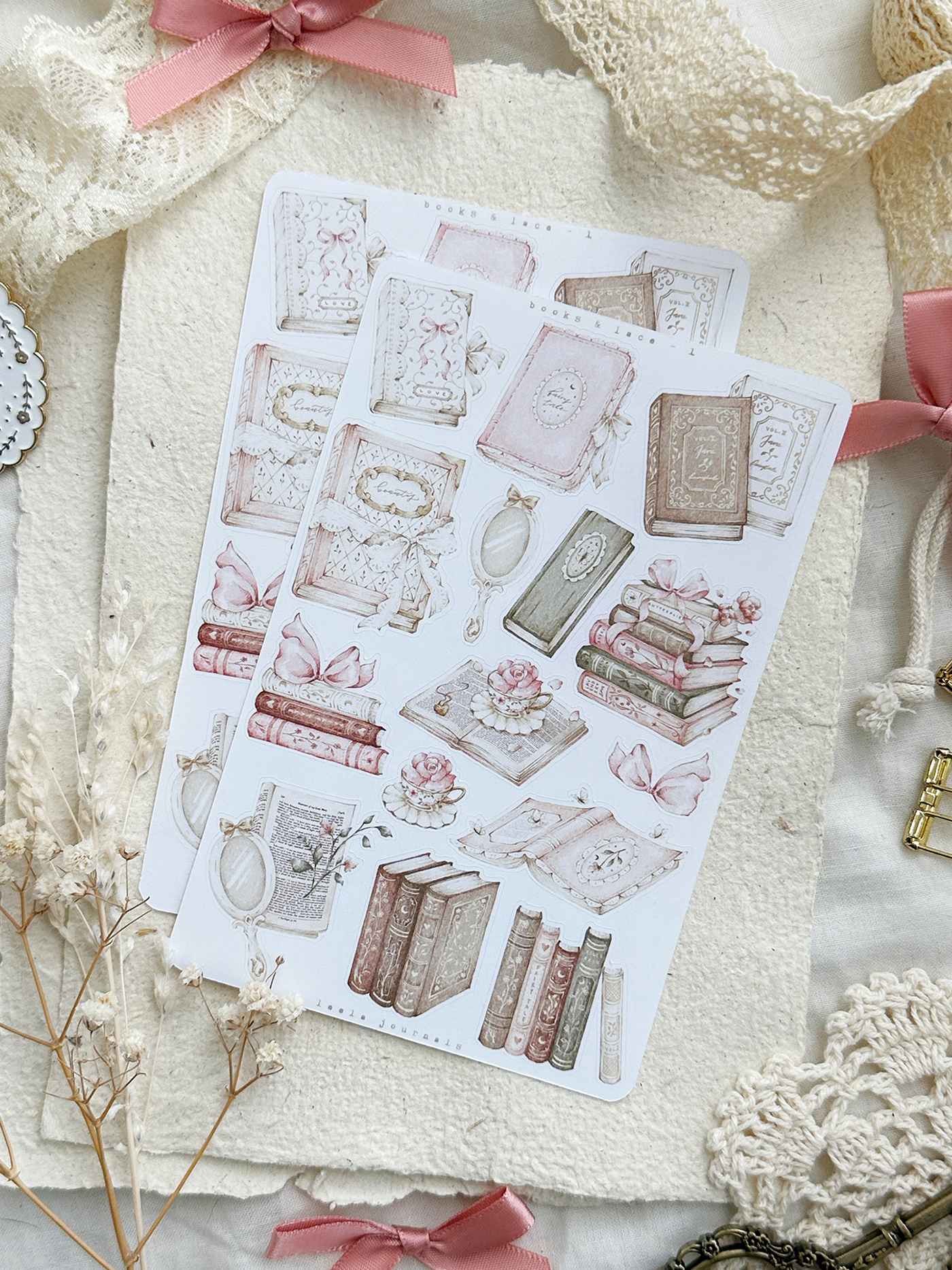 books & lace - 1 - mini & large sticker sheets