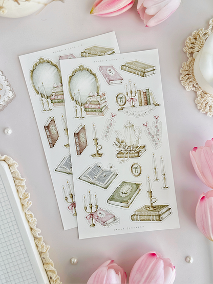 books & lace sticker sheet - 3pc set