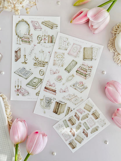 books & lace sticker sheet - 3pc set