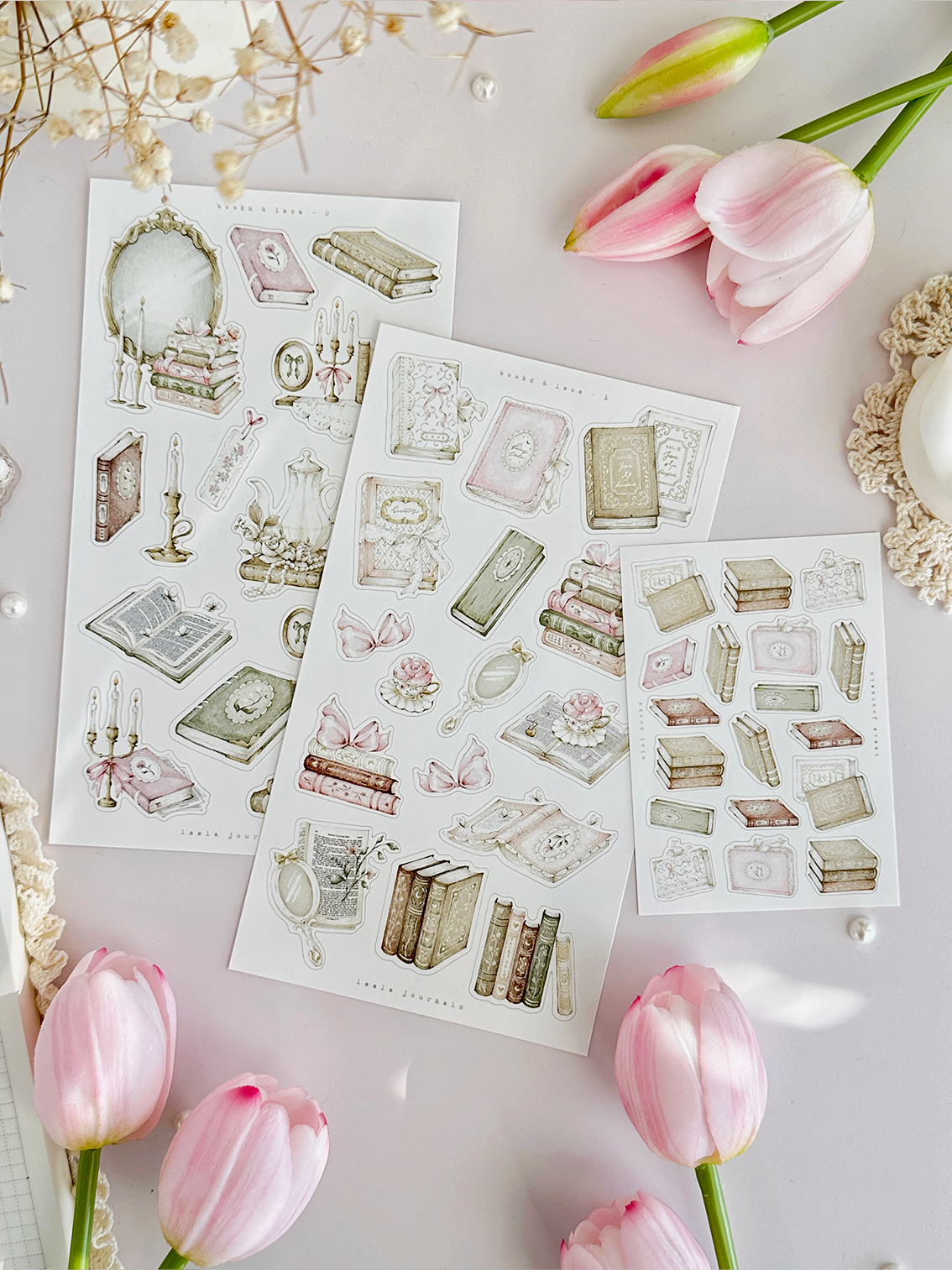 books & lace sticker sheet - 3pc set