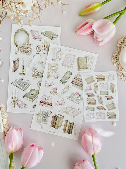 books & lace sticker sheet - 3pc set