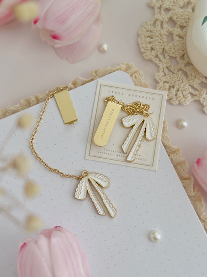 white lace bow enamel bookmark charm