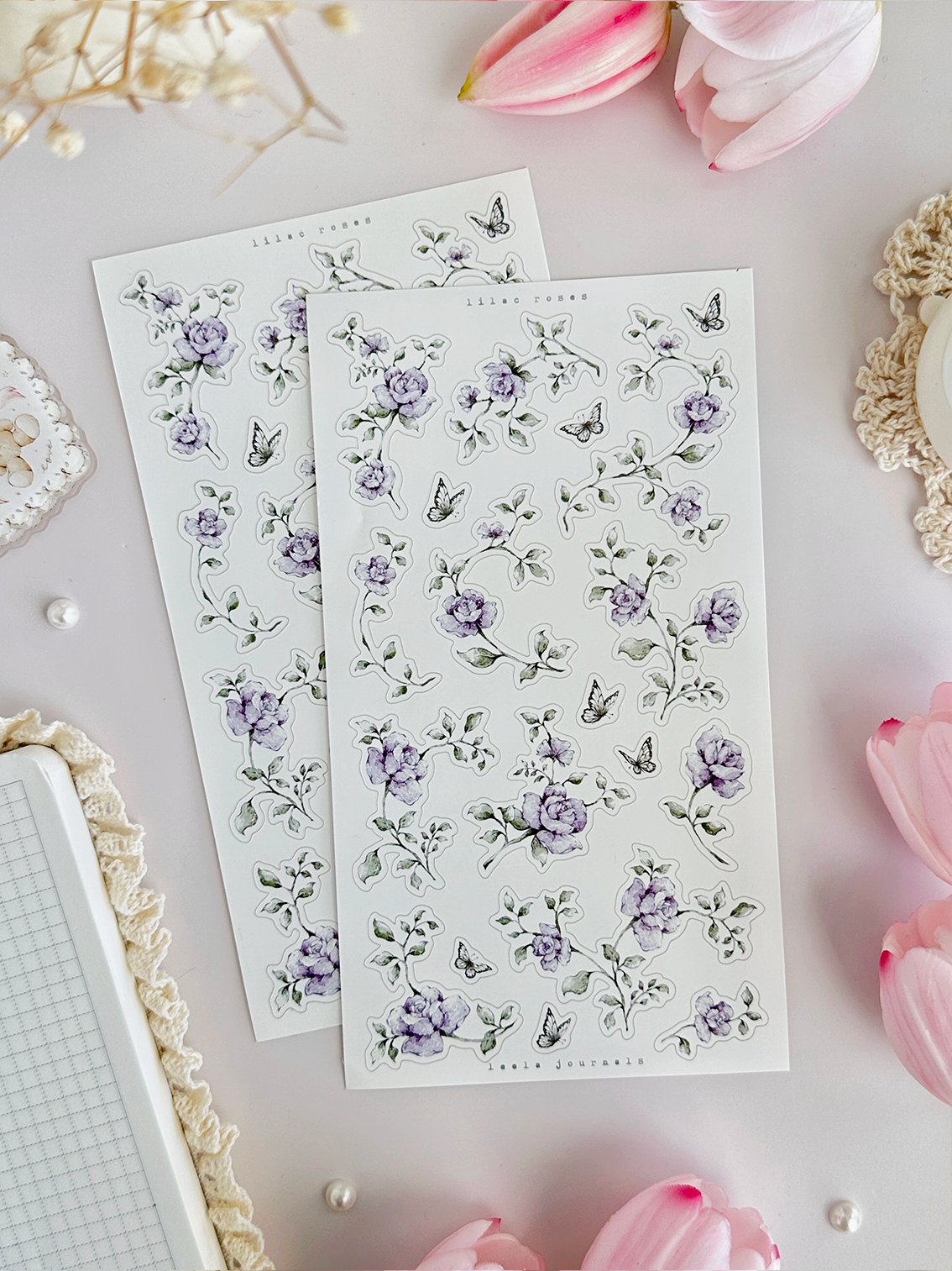 blue, lilac, monochrome roses sticker sheet - 3pc set