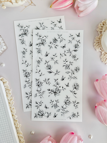 blue, lilac, monochrome roses sticker sheet - 3pc set