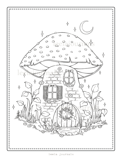 x2 mushroom house coloring page | digital download