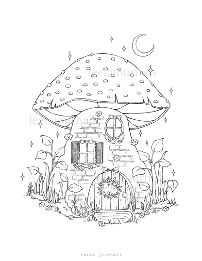 x2 mushroom house coloring page | digital download