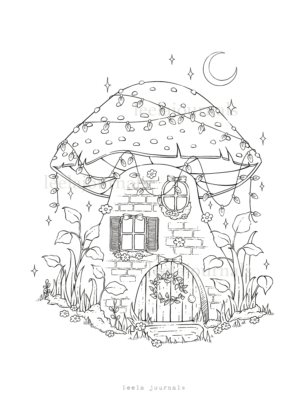 x2 mushroom house coloring page | digital download