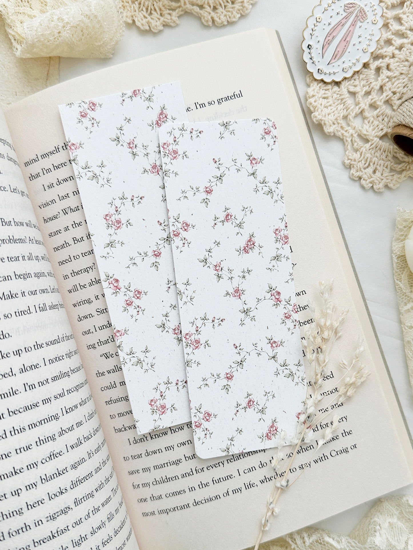 ivory pink rose bookmark