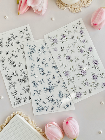 blue, lilac, monochrome roses sticker sheet - 3pc set