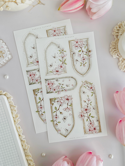 sakura florals, frames & labels sticker sheet - 3pc set