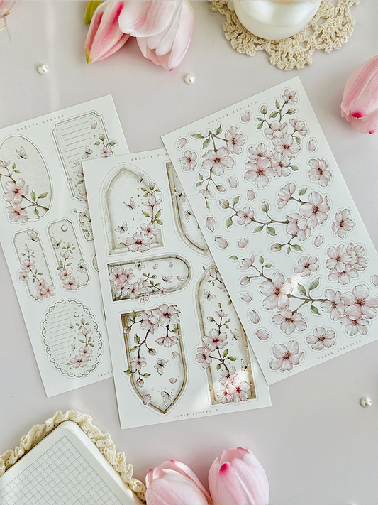 sakura florals, frames & labels sticker sheet - 3pc set