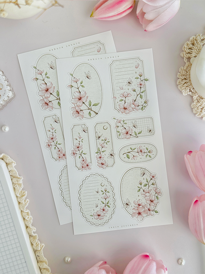 sakura florals, frames & labels sticker sheet - 3pc set