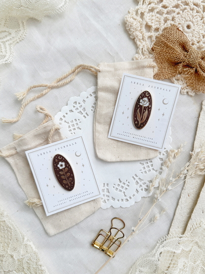 *retiring* umber brown floral enamel pins