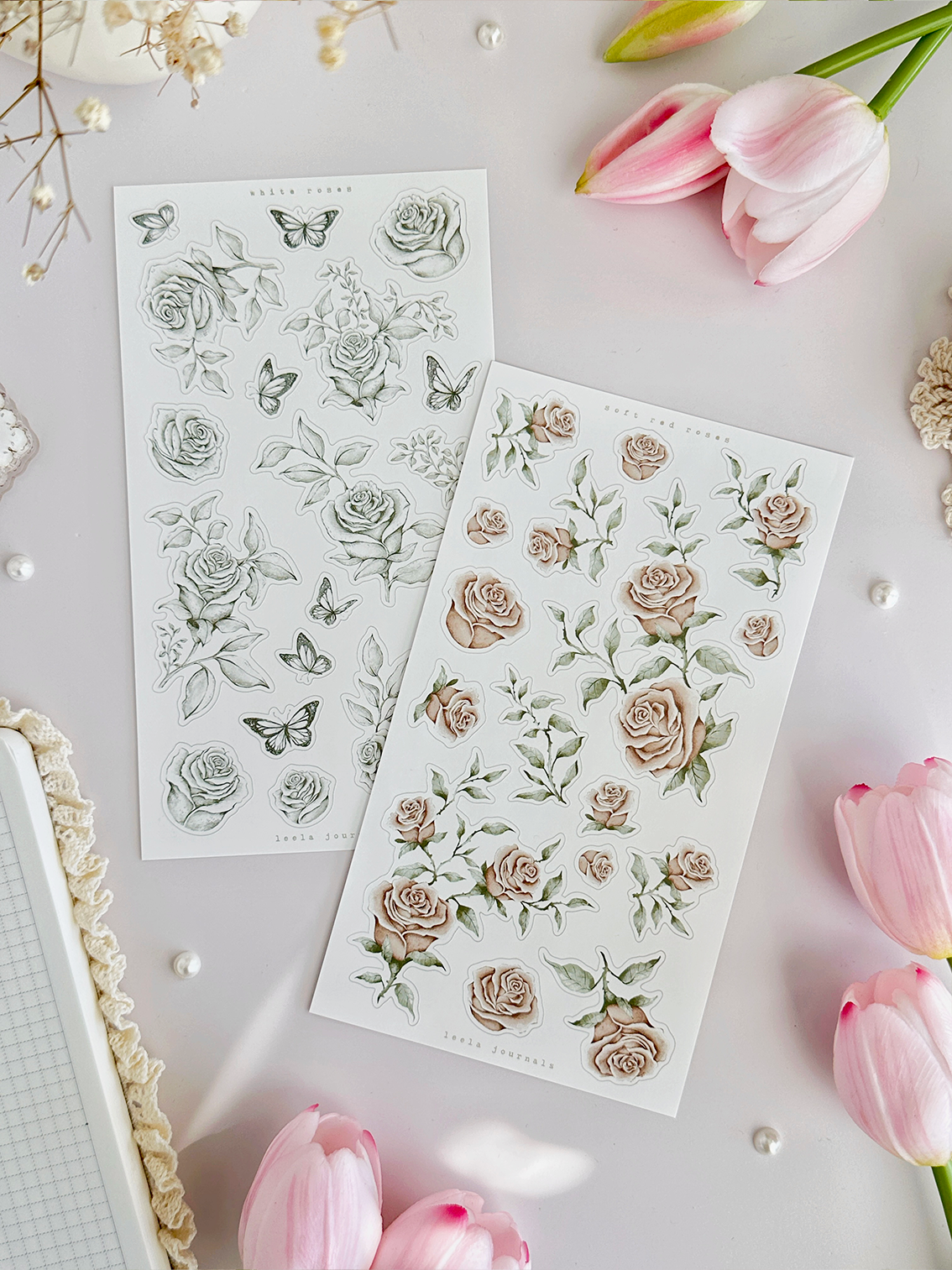 red & white roses sticker sheet - 2pc set