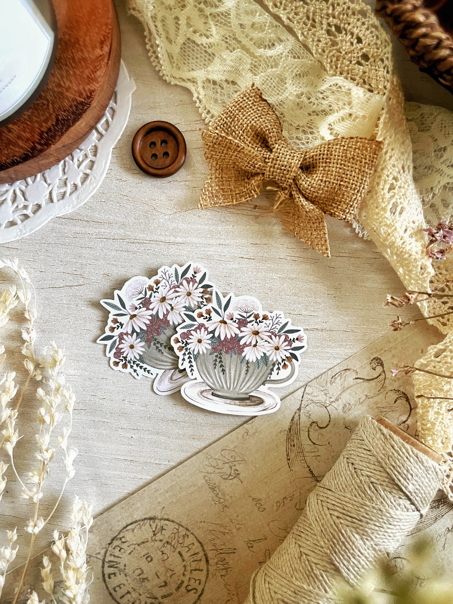 floral teacup sticker flake 2x2