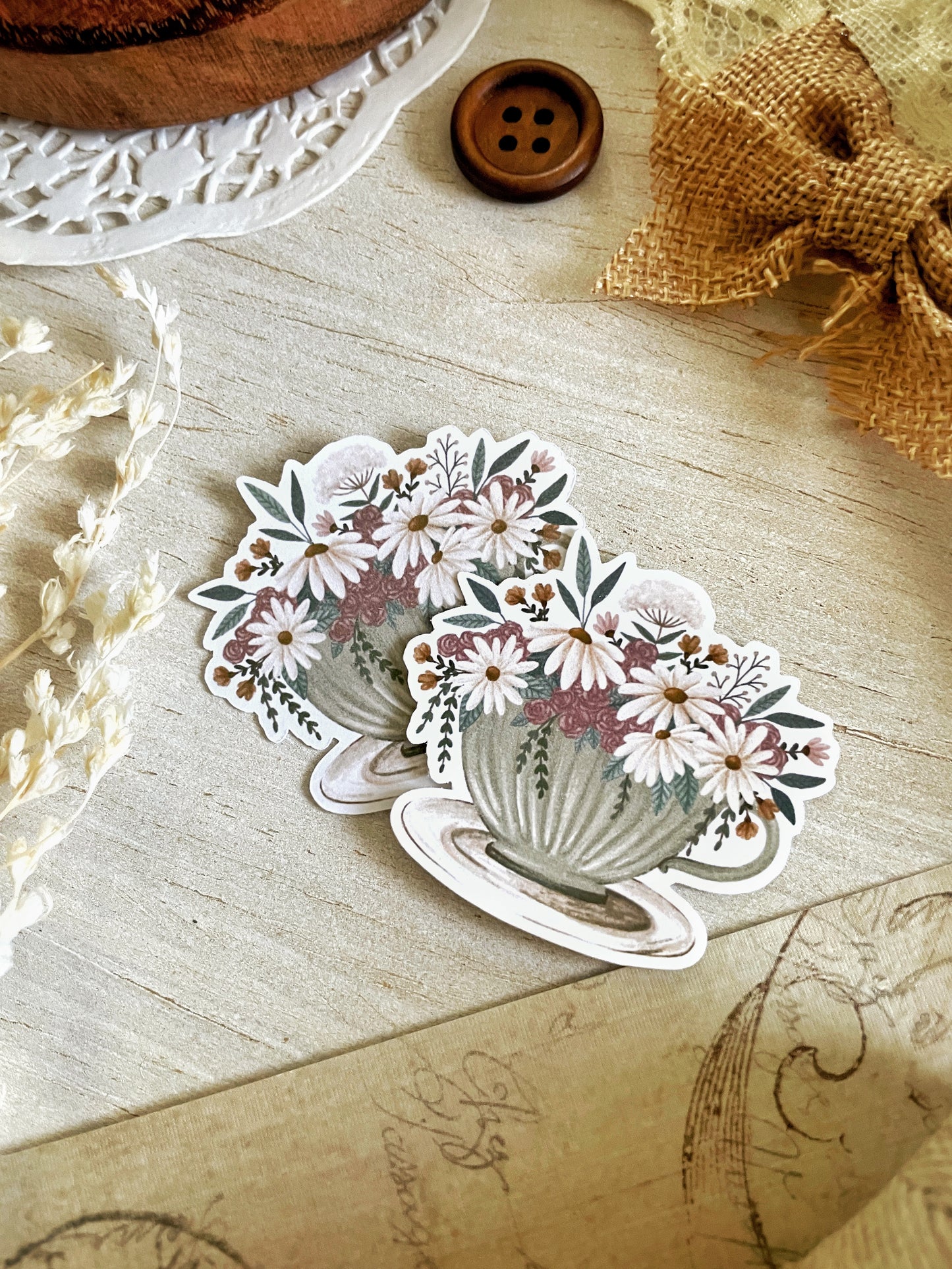 floral teacup sticker flake 2x2