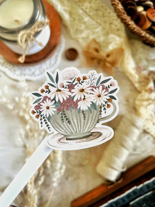 floral teacup sticker flake 2x2