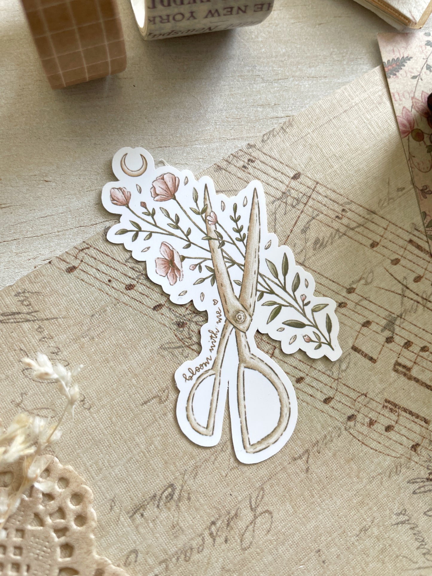 floral scissors sticker flake 2.75x2