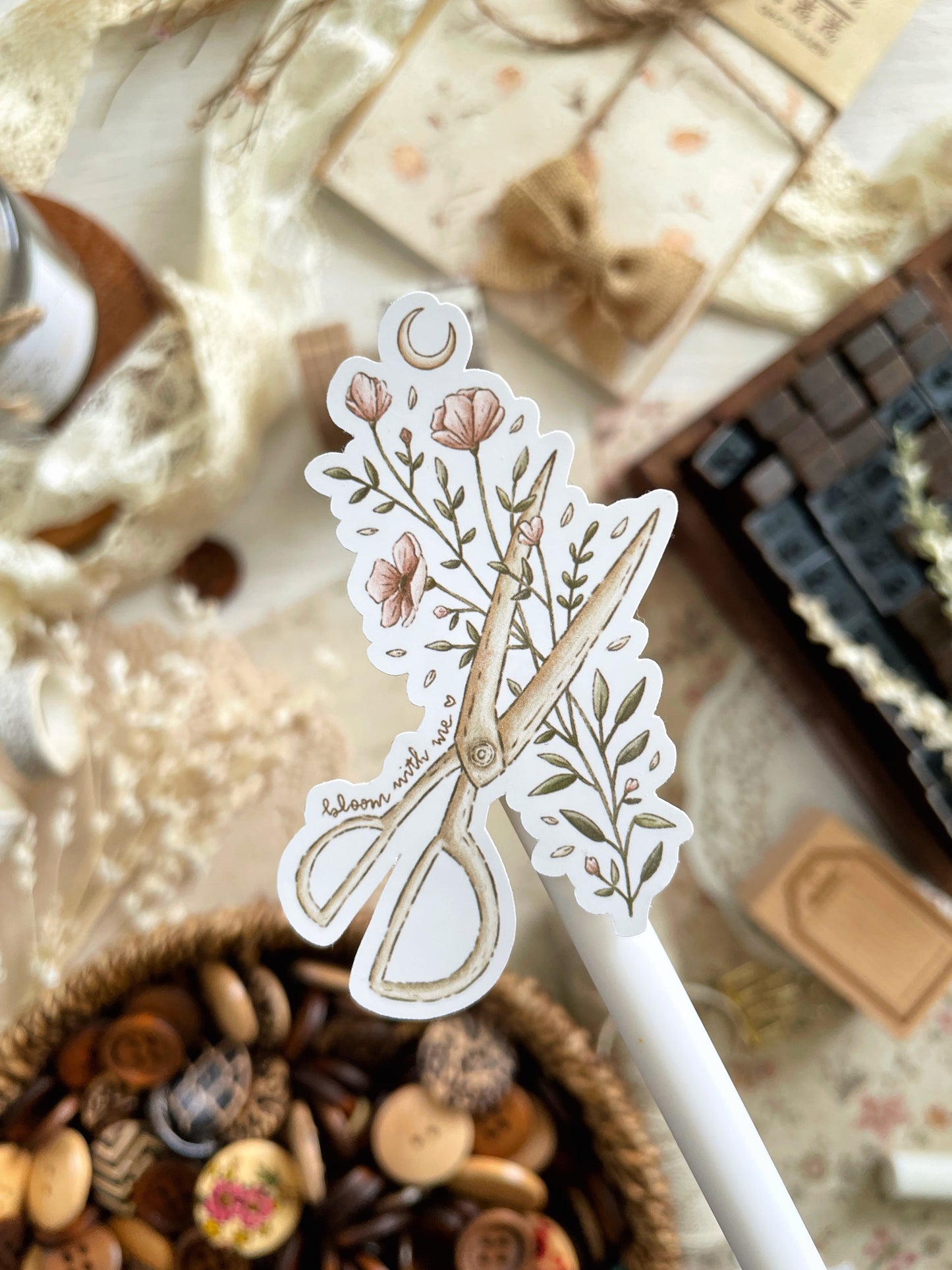 floral scissors sticker flake 2.75x2