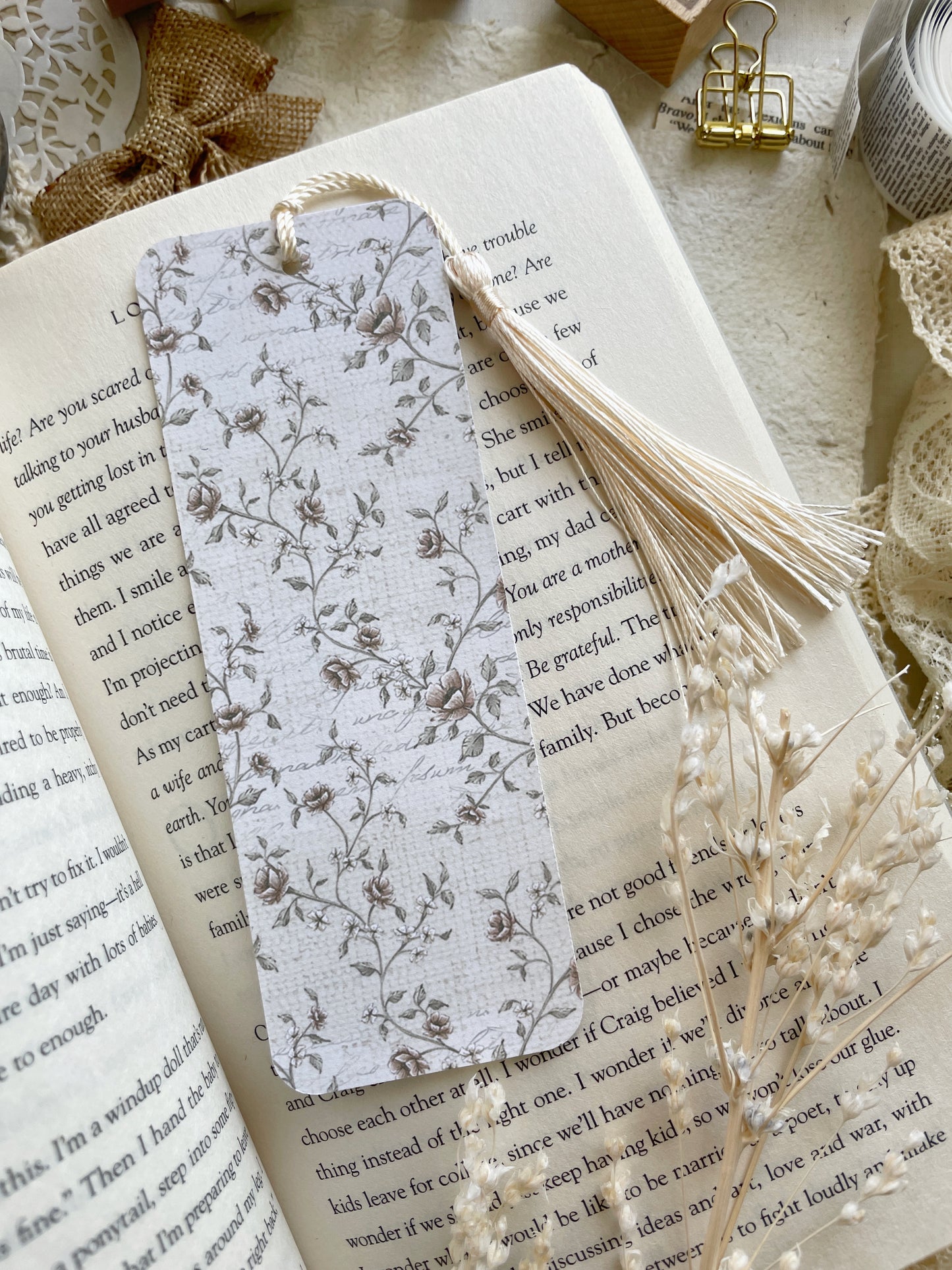Pink Floral Bookmark Bookmark With Tassel, Cute Bookmark, Vintage