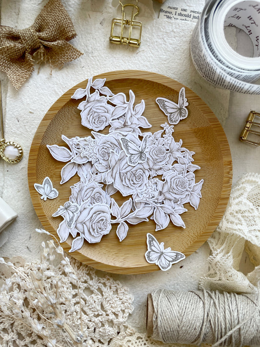 white roses & butterflies paper cutouts