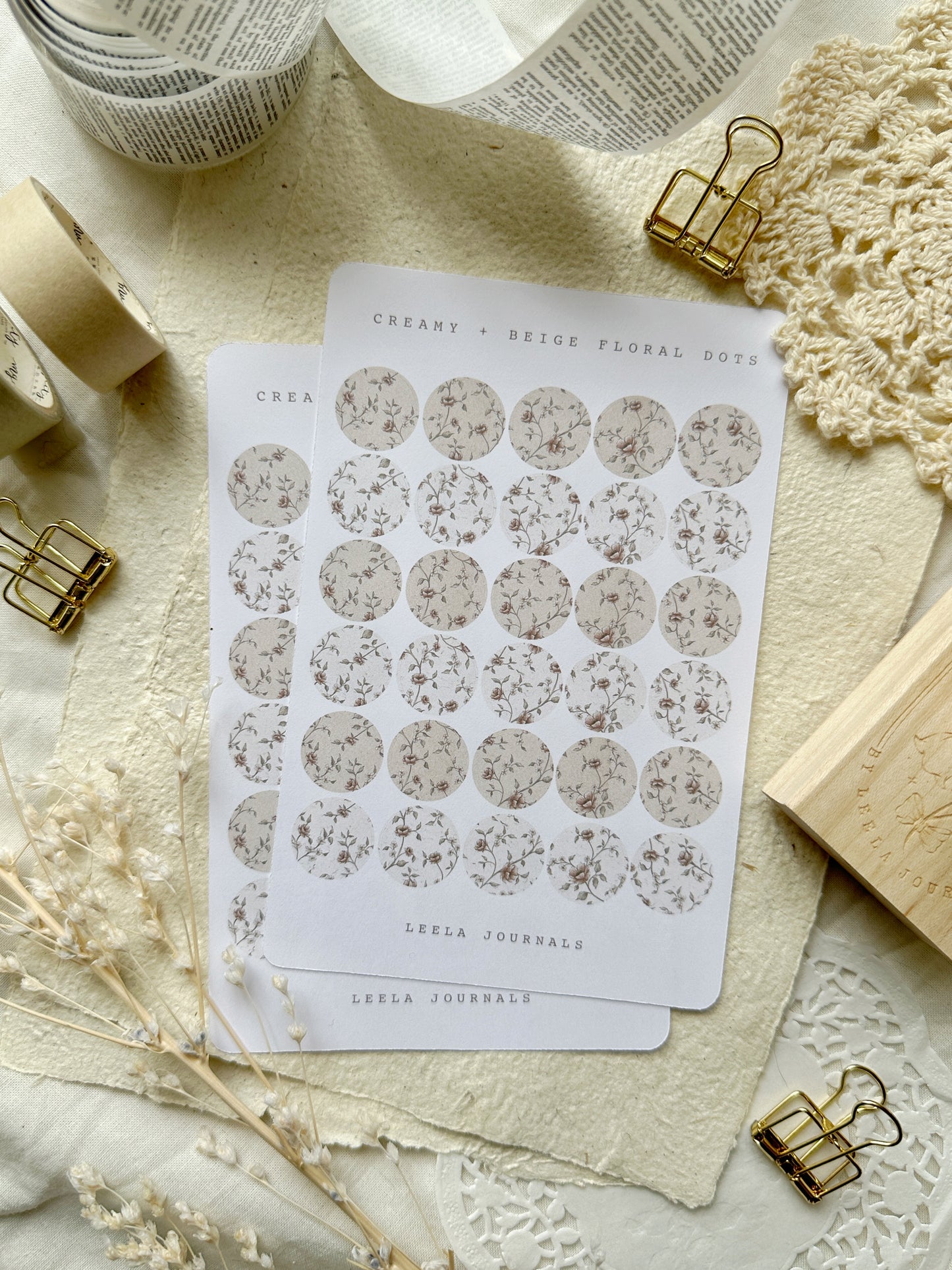 beige cream floral dots sticker sheet
